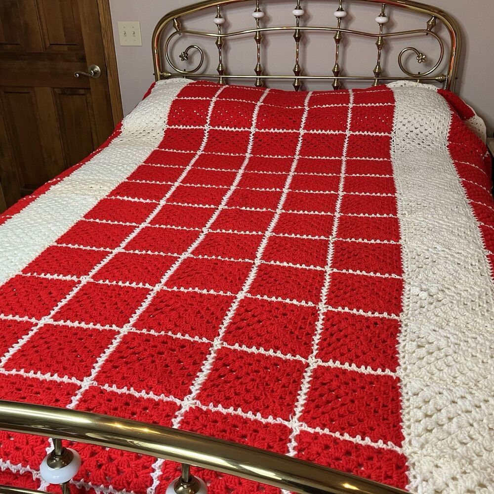 Vtg Handmade Crochet Granny Square Afghan Bedspread Approx 70 x 96 Red & White